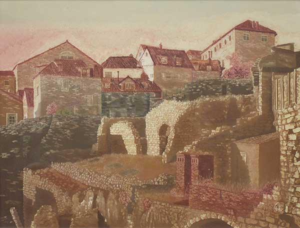 2014年4月　第62回光陽展　竹村喜美子賞　布施 毬江　[ 会員 ]　遺跡のある町　（染色 ） F80