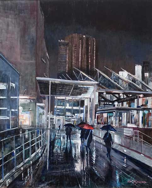 2018年4月　第66回 光陽展　委員　山田 敬三　　夜雨の駅前　（油彩）　F100