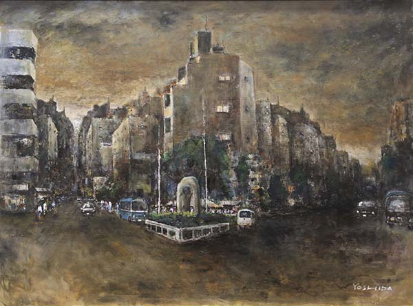 2020年4月　第68回 光陽展　　名誉委員　　吉田 高行　駅前広場の夕景　（油）　F60